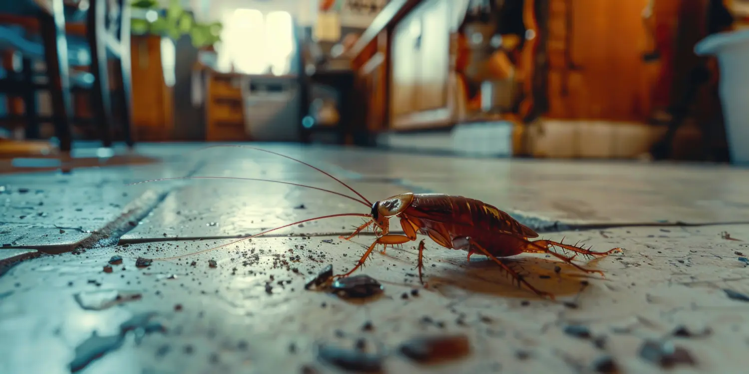 Eine einzelne, leblose Kakerlake liegt auf dem Boden einer typischen Küchenumgebung